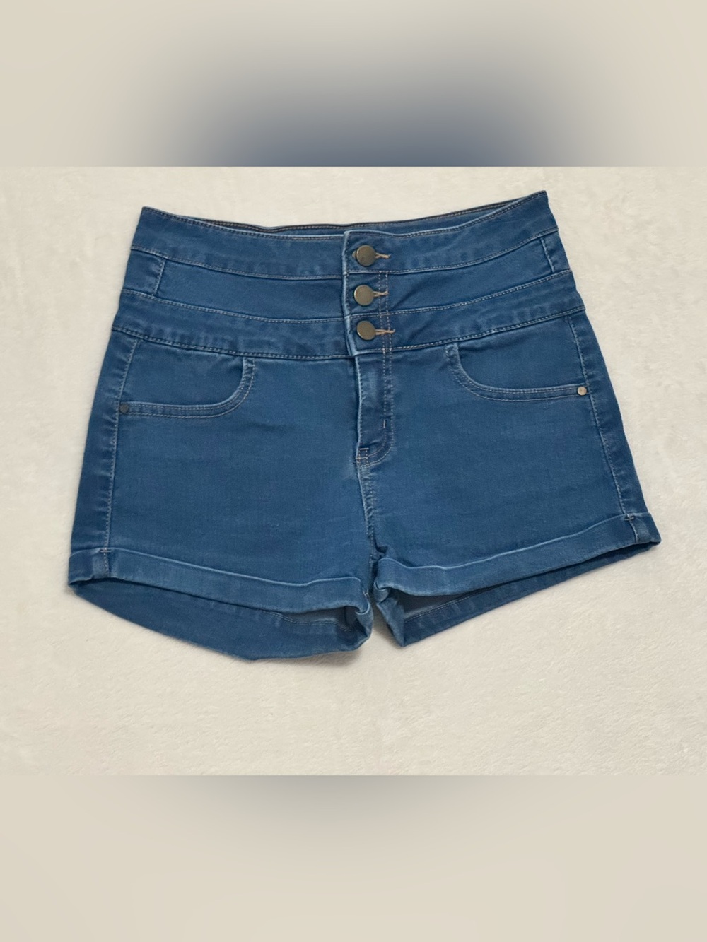Tinseltown High-Waist Blue Denim Shorts with Triple Button